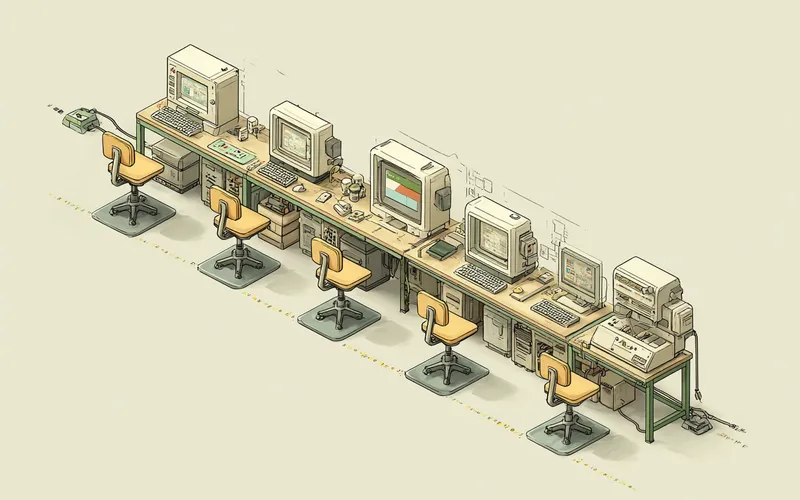 Stylized illustration of anti-fatigue mats at each standing position along an assembly line